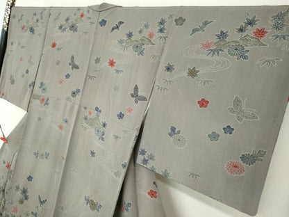 平和屋着物●訪問着　型染め　流水花鳥文　鬼しぼ縮緬　正絹　逸品　DABF1204ud