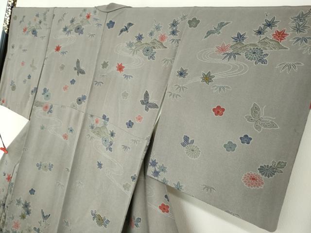平和屋着物●訪問着　型染め　流水花鳥文　鬼しぼ縮緬　正絹　逸品　DABF1204ud