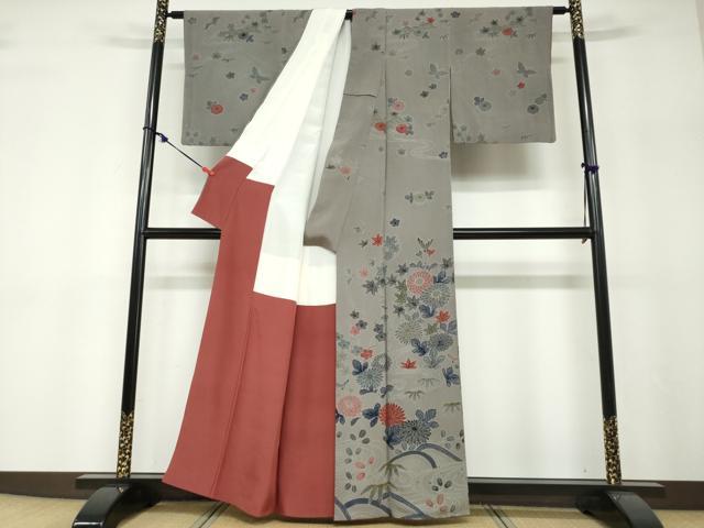 平和屋着物●訪問着　型染め　流水花鳥文　鬼しぼ縮緬　正絹　逸品　DABF1204ud