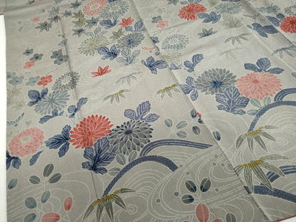 平和屋着物●訪問着　型染め　流水花鳥文　鬼しぼ縮緬　正絹　逸品　DABF1204ud