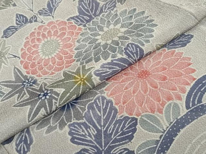 平和屋着物●訪問着　型染め　流水花鳥文　鬼しぼ縮緬　正絹　逸品　DABF1204ud