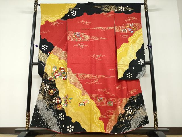 平和屋着物●豪華振袖　絞り　草花文　金彩　正絹　逸品　DABF1206ud