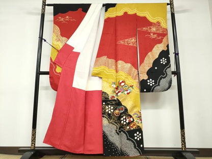 平和屋着物●豪華振袖　絞り　草花文　金彩　正絹　逸品　DABF1206ud