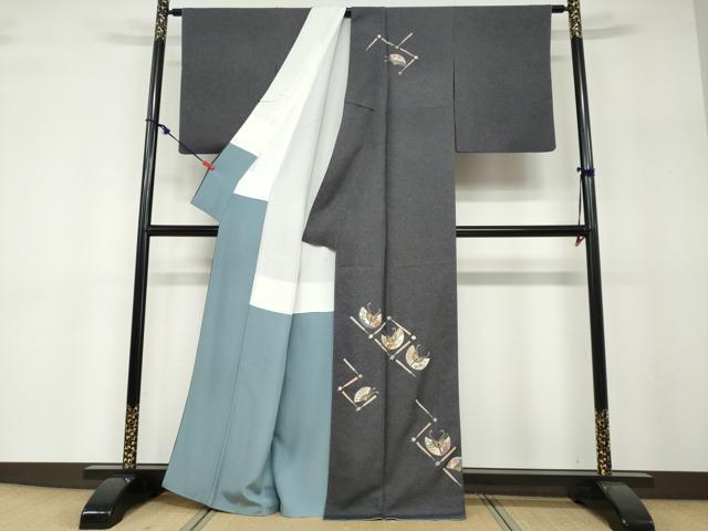 平和屋着物●訪問着　駒刺繍　扇面草花文　金彩　正絹　逸品　DABF1207ud