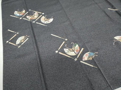 平和屋着物●訪問着　駒刺繍　扇面草花文　金彩　正絹　逸品　DABF1207ud