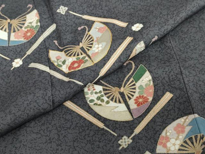 平和屋着物●訪問着　駒刺繍　扇面草花文　金彩　正絹　逸品　DABF1207ud