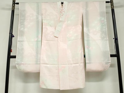 平和屋着物●振袖用長襦袢　袷　渡橋松葉地紋　暈し染め　半衿刺繍　正絹　逸品　DABF1211ud