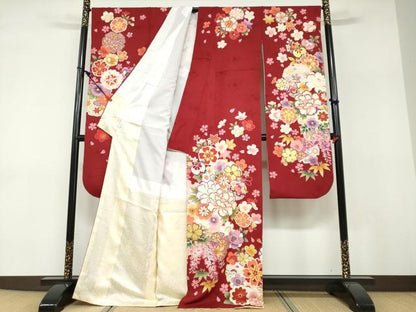 平和屋着物●豪華振袖　刺繍　手毬草花文　金彩　正絹　逸品　DABF1217ud