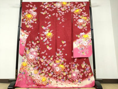 平和屋着物●豪華振袖　草花文　暈し染め　金彩　正絹　逸品　DABF1218ud