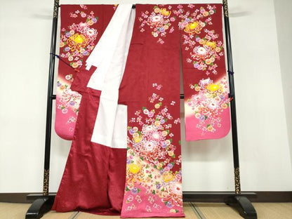 平和屋着物●豪華振袖　草花文　暈し染め　金彩　正絹　逸品　DABF1218ud
