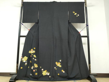 平和屋着物●訪問着　草花文　黒地　正絹　逸品　DABF1224ud