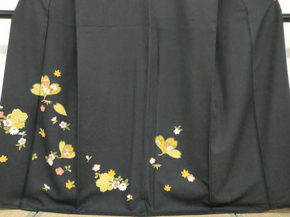 平和屋着物●訪問着　草花文　黒地　正絹　逸品　DABF1224ud