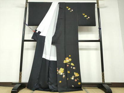 平和屋着物●訪問着　草花文　黒地　正絹　逸品　DABF1224ud