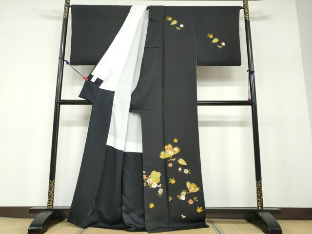 平和屋着物●訪問着　草花文　黒地　正絹　逸品　DABF1224ud