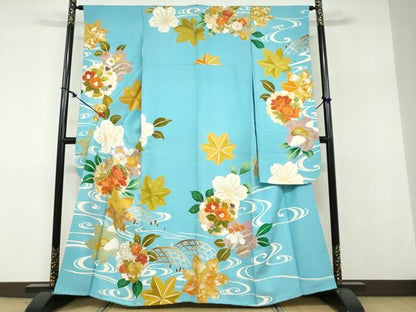平和屋着物●豪華振袖　駒刺繍　流水草花籬文　正絹　逸品　DABF1226ud