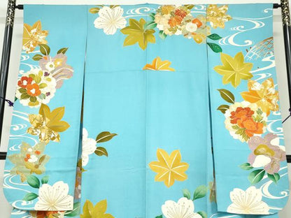 平和屋着物●豪華振袖　駒刺繍　流水草花籬文　正絹　逸品　DABF1226ud
