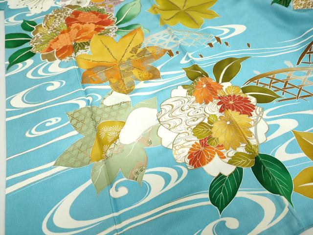 平和屋着物●豪華振袖　駒刺繍　流水草花籬文　正絹　逸品　DABF1226ud