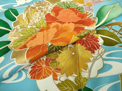平和屋着物●豪華振袖　駒刺繍　流水草花籬文　正絹　逸品　DABF1226ud