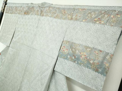 平和屋着物●訪問着　総絞り　刺繍　横段草花文　金彩　正絹　逸品　DABF1232ud