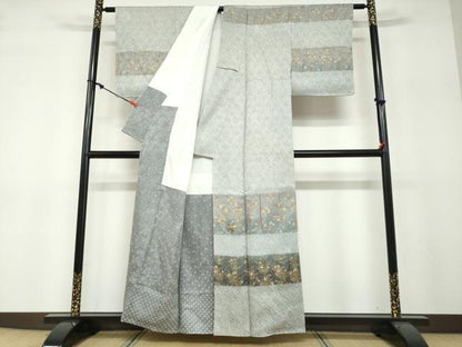 平和屋着物●訪問着　総絞り　刺繍　横段草花文　金彩　正絹　逸品　DABF1232ud