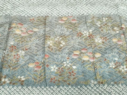 平和屋着物●訪問着　総絞り　刺繍　横段草花文　金彩　正絹　逸品　DABF1232ud