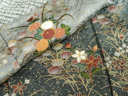 平和屋着物●訪問着　総絞り　刺繍　横段草花文　金彩　正絹　逸品　DABF1232ud
