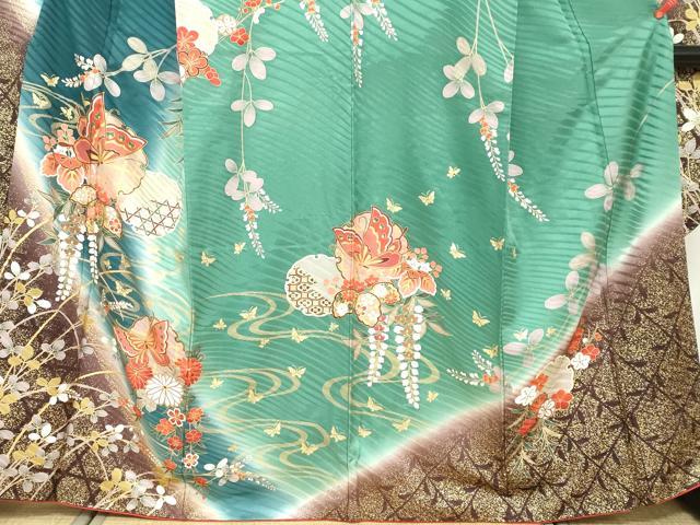 平和屋着物●豪華振袖　雪輪花蝶文　暈し染め　金彩　正絹　逸品　DABF1239ud