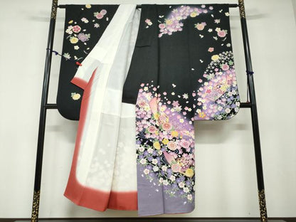 平和屋着物●豪華振袖　手毬草花文　黒地　金彩　銀通し地　正絹　逸品　DABF1240ud