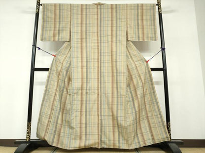 平和屋着物●上質な紬　変わり格子文　正絹　逸品　未使用　DABF1242ud