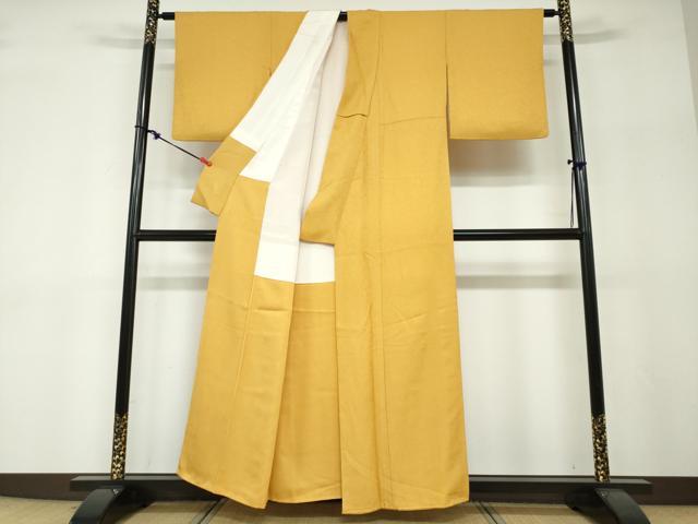 平和屋着物●上質な色無地　花鳥地紋　柑子色　正絹　逸品　DABF1244ud