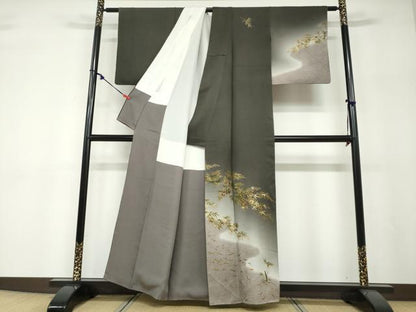 平和屋着物●漆工芸作家　金森一博　訪問着　笹竹文　暈し染め　金彩　正絹　逸品　DABF1247ud
