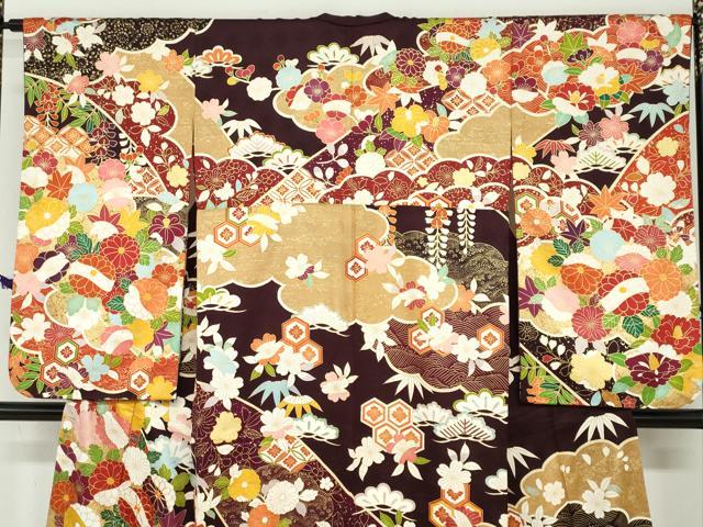 平和屋着物●小振袖　二尺袖　背抜き仕立て　駒刺繍　吉祥草花文　金彩　正絹　逸品　DABF1255ud