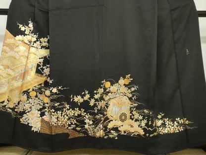 平和屋着物●金彩友禅　卓越技能者・名工・和田光正　黒留袖　平安御所車草花文　金銀彩　正絹　逸品　DABF1258ud