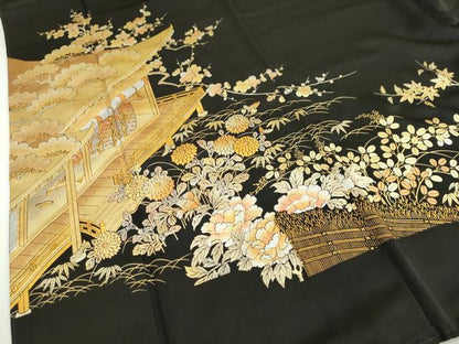 平和屋着物●金彩友禅　卓越技能者・名工・和田光正　黒留袖　平安御所車草花文　金銀彩　正絹　逸品　DABF1258ud