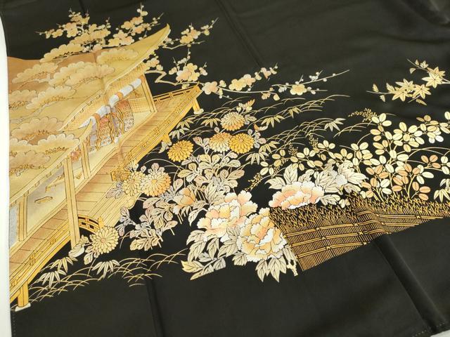 平和屋着物●金彩友禅　卓越技能者・名工・和田光正　黒留袖　平安御所車草花文　金銀彩　正絹　逸品　DABF1258ud