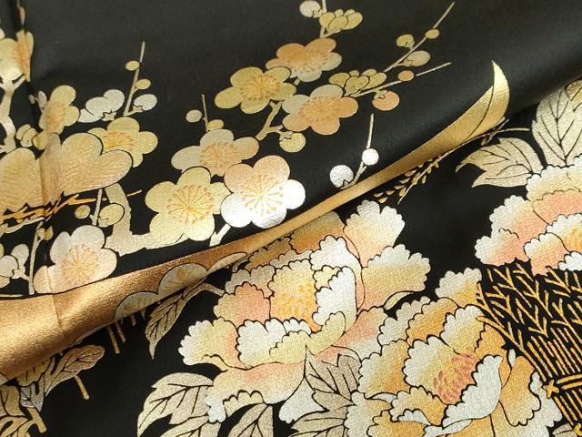 平和屋着物●金彩友禅　卓越技能者・名工・和田光正　黒留袖　平安御所車草花文　金銀彩　正絹　逸品　DABF1258ud