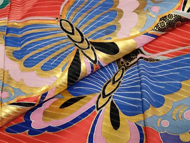 平和屋着物●本手描友禅作家　秋山章　振袖　駒刺繍　舞蝶文　金彩　正絹　逸品　DABF1263ud