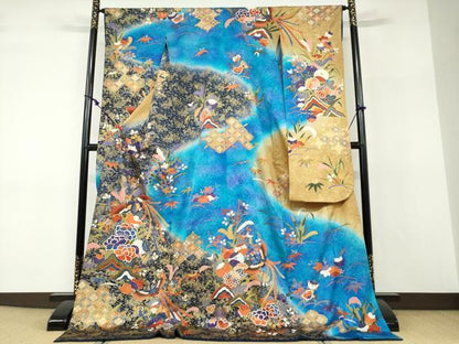 平和屋着物●豪華振袖　鳳凰草花文　暈し染め　金彩　正絹　逸品　DABF1264ud
