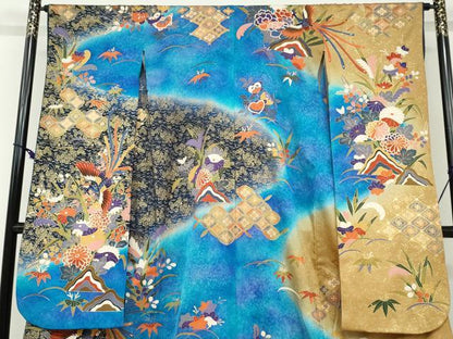 平和屋着物●豪華振袖　鳳凰草花文　暈し染め　金彩　正絹　逸品　DABF1264ud