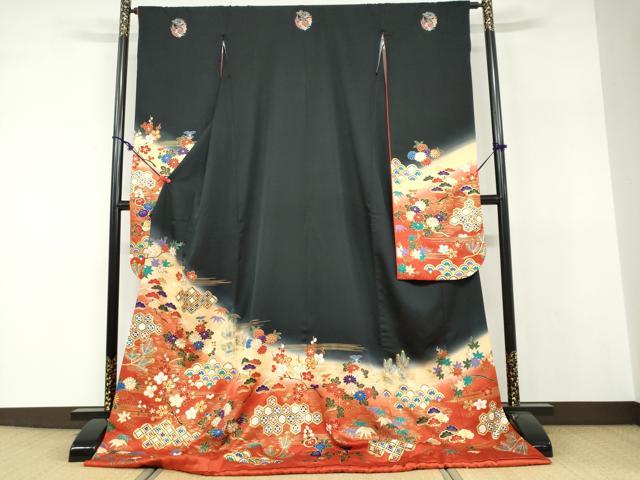 平和屋着物●お引きずり・お引き摺り・引き振袖　吉祥草花文　暈し染め　黒地　金彩　正絹　逸品　DABF1273ud
