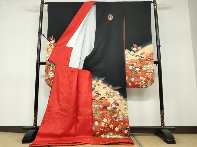 平和屋着物●お引きずり・お引き摺り・引き振袖　吉祥草花文　暈し染め　黒地　金彩　正絹　逸品　DABF1273ud