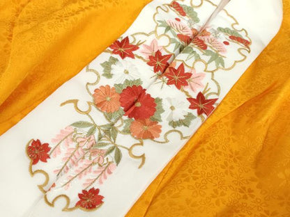 平和屋着物●振袖用長襦袢　袷　舞桜地紋　金茶色　半衿刺繍　正絹　逸品　DABF1277ud