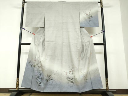 平和屋着物●訪問着　作家物　紬地　手描き　草花文　正絹　逸品　DABF1294ud