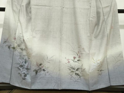 平和屋着物●訪問着　作家物　紬地　手描き　草花文　正絹　逸品　DABF1294ud