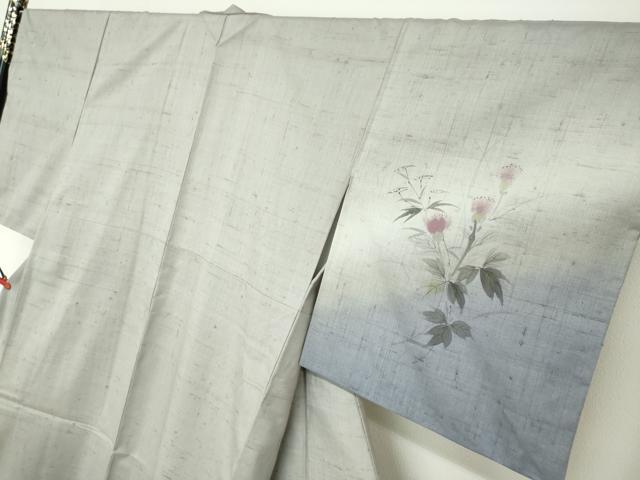 平和屋着物●訪問着　作家物　紬地　手描き　草花文　正絹　逸品　DABF1294ud