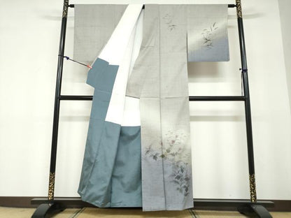 平和屋着物●訪問着　作家物　紬地　手描き　草花文　正絹　逸品　DABF1294ud