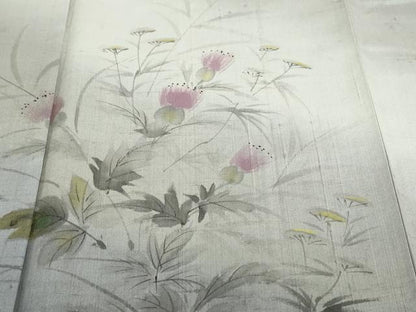 平和屋着物●訪問着　作家物　紬地　手描き　草花文　正絹　逸品　DABF1294ud