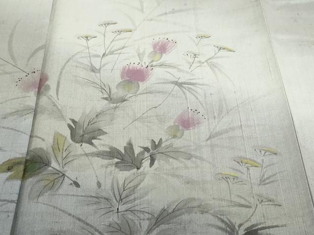 平和屋着物●訪問着　作家物　紬地　手描き　草花文　正絹　逸品　DABF1294ud