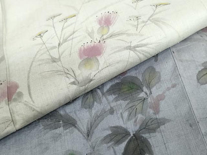 平和屋着物●訪問着　作家物　紬地　手描き　草花文　正絹　逸品　DABF1294ud