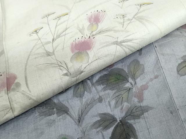 平和屋着物●訪問着　作家物　紬地　手描き　草花文　正絹　逸品　DABF1294ud